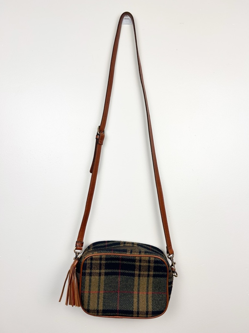 Patricia Nash Josie Crossbody Bag Tartan Plaid wool leather brown tan navy